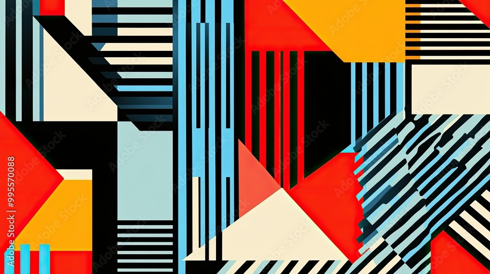 Poster bold abstract pattern with overlapping rectangles and stripes, with room for copy in the corners.