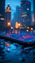 Financial Data on Smartphone with City Skyline Background