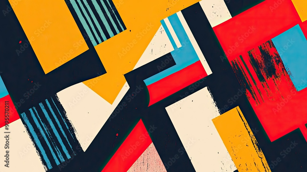 Poster bold abstract pattern with overlapping rectangles and stripes, with room for copy in the corners.