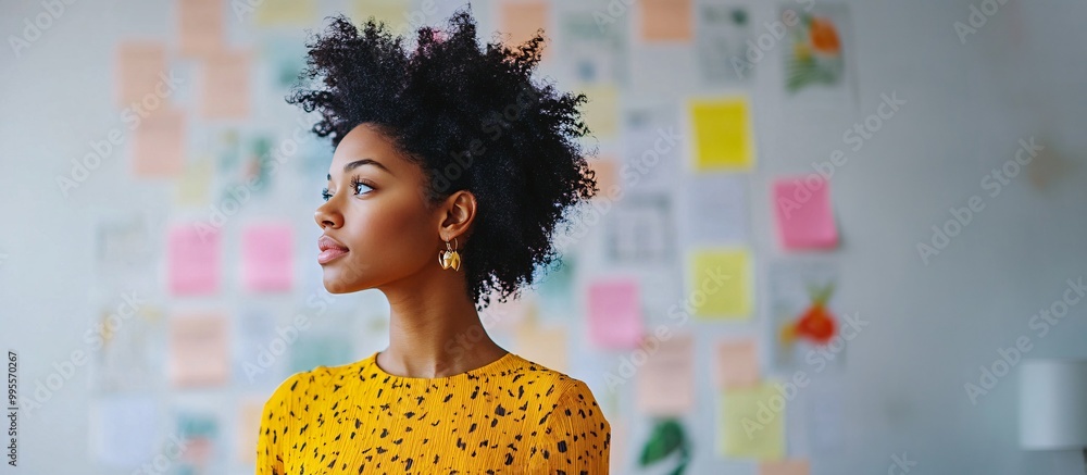 Poster a professional reviewing a vision board in a modern office setting symbolizing planning goals and ca