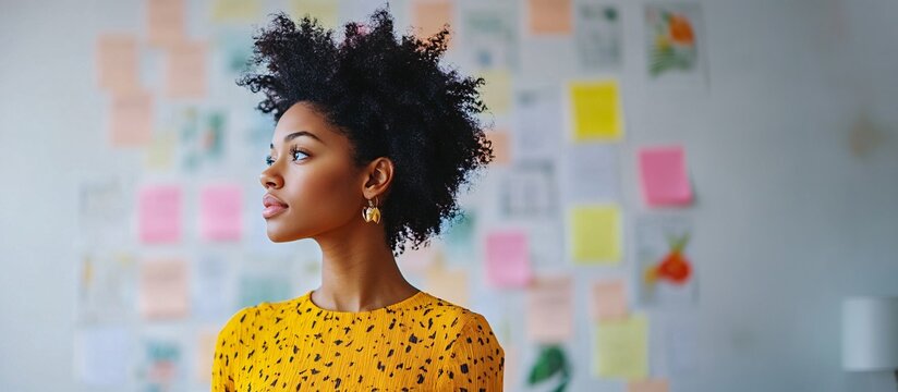 A professional reviewing a vision board in a modern office setting symbolizing planning goals and career development Large space for text in center Stock Photo with copy space