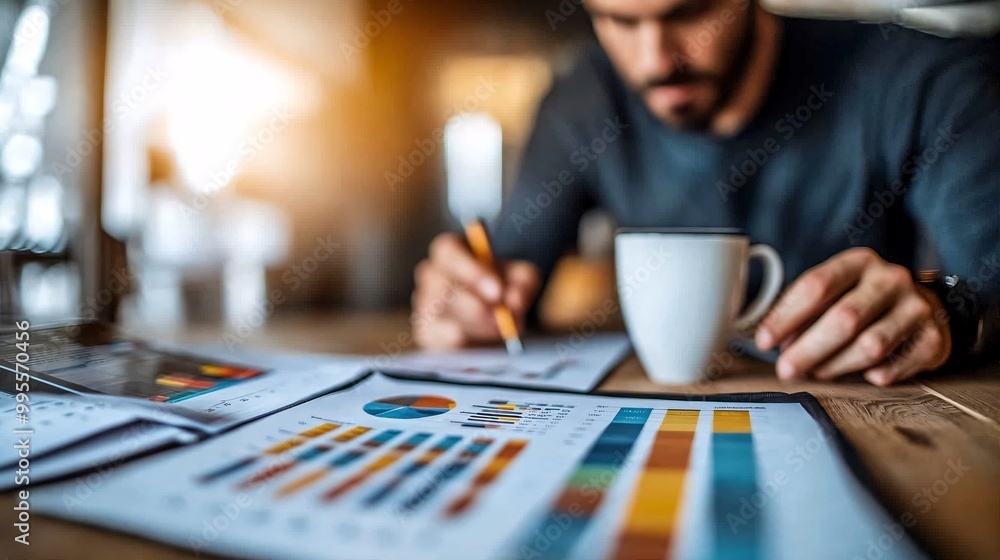 Aufkleber a person sitting at a desk with a cup of coffee and a planner writing out goals for the future symbo