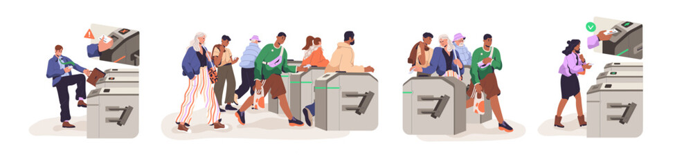 Fototapeta premium People pass turnstile entrances set. Crowd enters subway from tourniquet with security access. Passengers go by barriers of automatic control system. Flat isolated vector illustrations on white