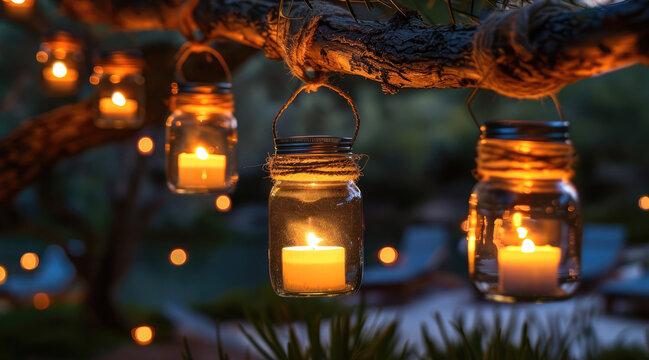 A string of five mason jar lanterns hung from a tree branch. The jars are wrapped in twine and contain battery-operated candles.