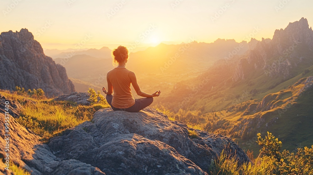 Poster a serene scene of an individual practicing yoga on a mountain peak with a sunrise in the background 