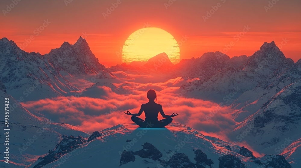 Poster A serene scene of an individual practicing yoga on a mountain peak with a sunrise in the background symbolizing inner growth mental wellness and self-development Large space for text in center Stock