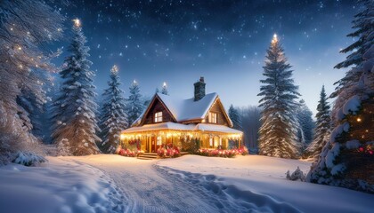 Naklejka premium Cozy Winter Cabin Surrounded by Snowy Pines at Night