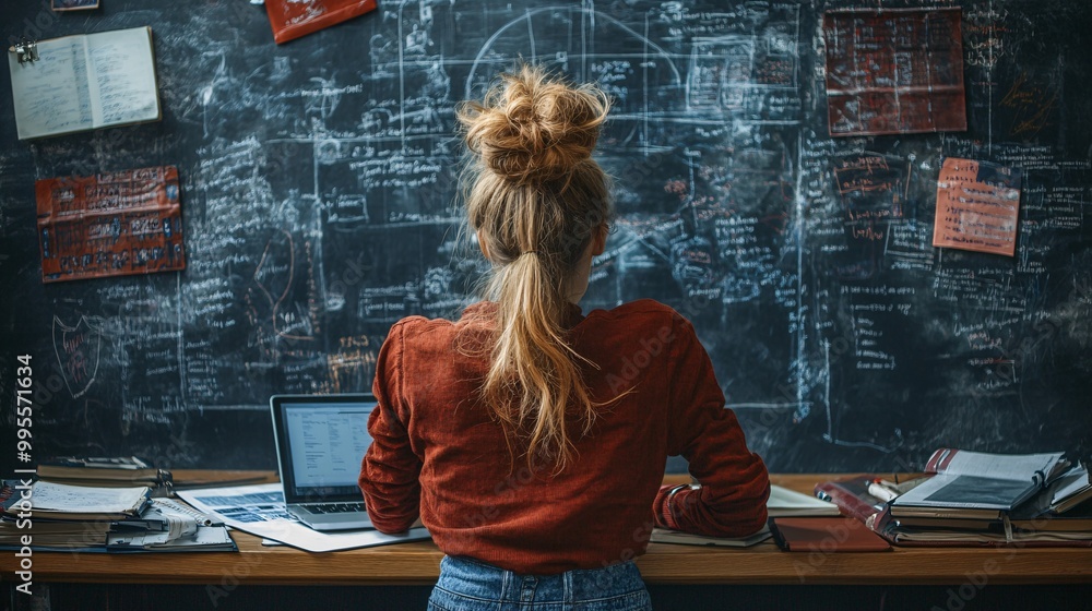 Poster A student sitting at a desk surrounded by textbooks and a laptop focused on learning and self-education representing lifelong growth and personal development Large space for text in center Stock