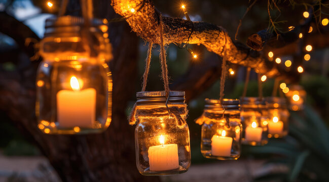 A string of five mason jar lanterns hung from a tree branch. The jars are wrapped in twine and contain battery-operated candles. - Powered by Adobe
