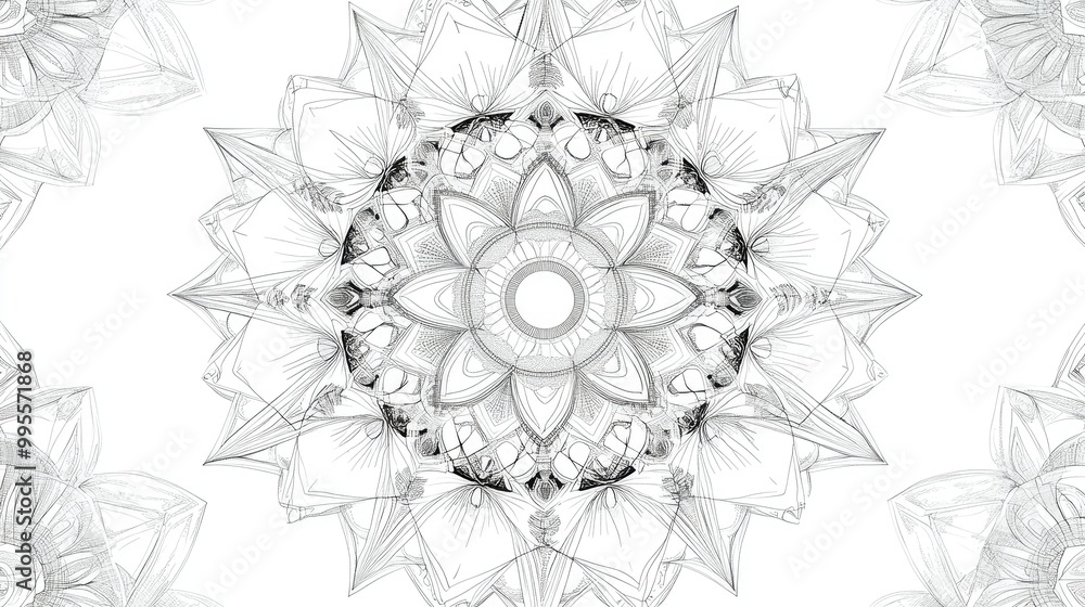 Fototapete intricate line art pattern with geometric shapes, room for text in the surrounding white space.