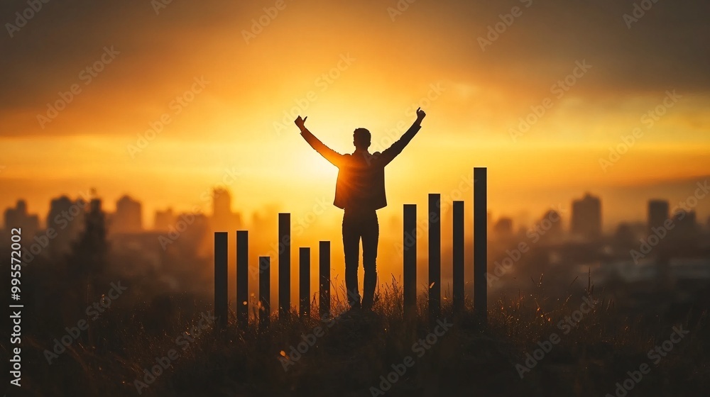 Poster an upward-moving bar chart with a person celebrating in the foreground symbolizing business success 