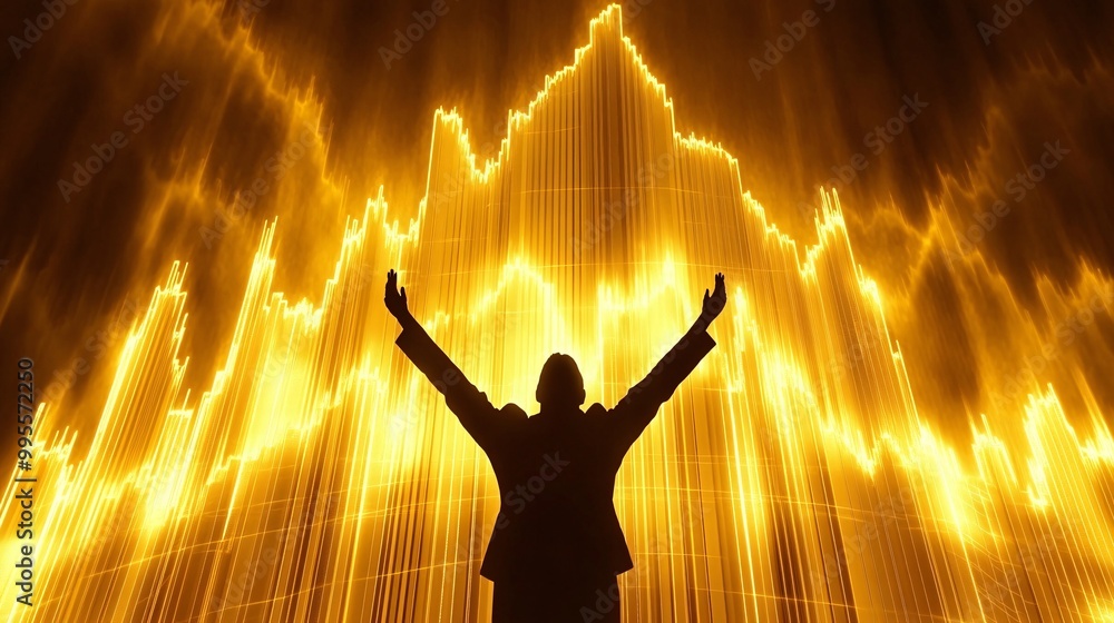 Poster an upward-moving bar chart with a person celebrating in the foreground symbolizing business success 