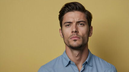 Fototapeta premium Intense Gaze: A young man with a serious expression, captured in a close-up portrait against a vibrant yellow background. His piercing gaze and determined demeanor convey a sense of focus and purpose.