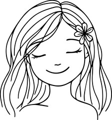 Girl with a flower in her hair. Smile. Line drawing. Hand drawn. Doodle