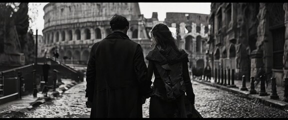 A mysterious and captivating black and white photo of a couple walking hand in hand toward the iconic Roman Colosseum. Their backs turned, the image evokes a timeless, cinematic feel with historical