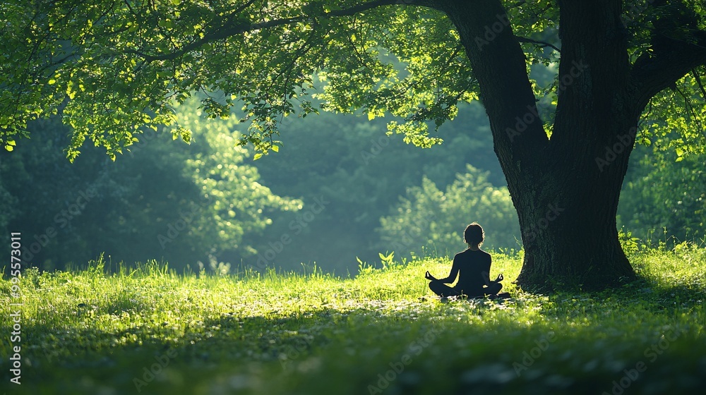 Aufkleber A person meditating in a peaceful natural setting surrounded by trees symbolizing personal reflection inner peace and self-growth Large space for text in center Stock Photo with copy space