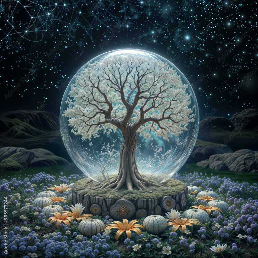 Poster tree symbol of life in transparent sphere on dark natural background . generative ai