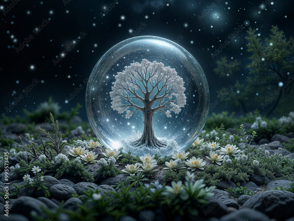 Poster tree symbol of life in transparent sphere on dark natural background . generative ai