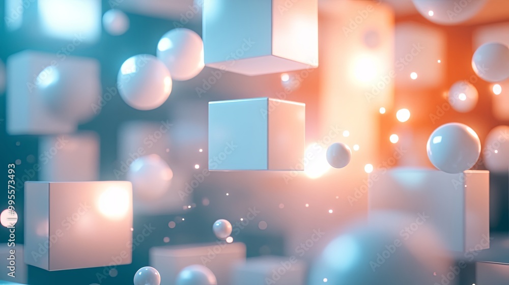 Poster a digital abstract scene featuring floating cubes and spheres, creating a futuristic and dynamic atm