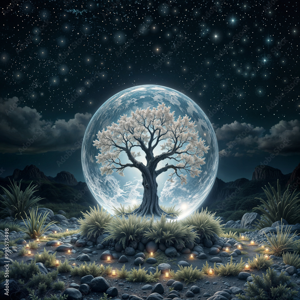 Aufkleber tree symbol of life in transparent sphere on dark natural background . generative ai