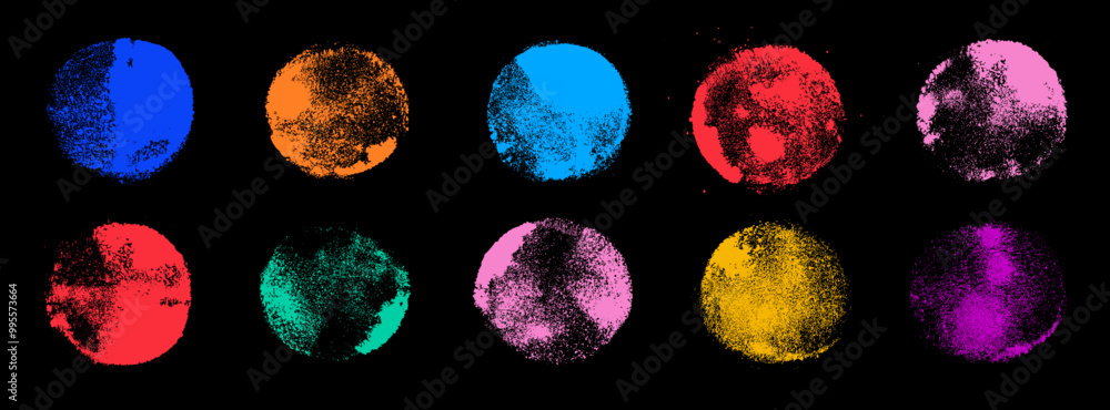 Poster stamp painted vector color circles. grunge texture round shape backgrounds. playful naive creative a