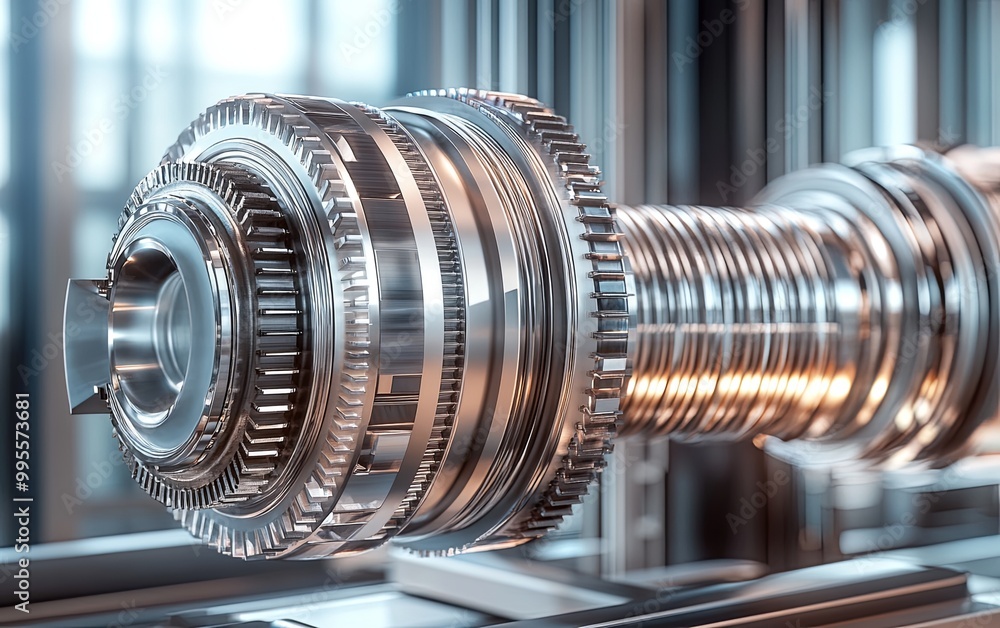 Poster a close-up view of a complex metallic gear system, showcasing intricate design and engineering for m