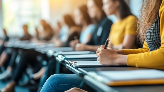 A professional taking notes in a journal during a workshop or seminar symbolizing the importance of continuous learning and personal development Large space for text in center Stock Photo with copy