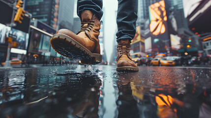 A man's feet in shoes walk along a busy street in a big city. Neural network AI generated art