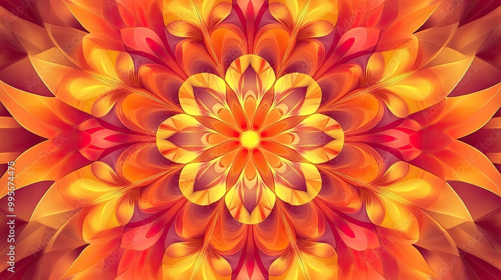 Poster vibrant kaleidoscope pattern with symmetrical shapes, plenty of space for text in the center