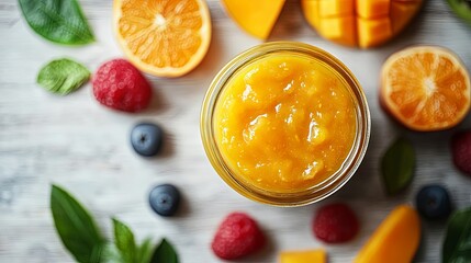 Top view of a baby food jar with fruits space for text