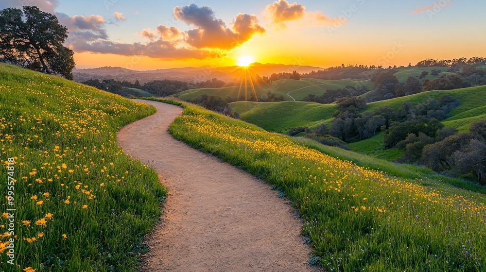 Poster a winding path leading into the distance through rolling hills symbolizing the long journey toward s