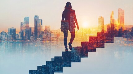 A corporate executive climbing steps toward a futuristic city skyline symbolizing the steady progression toward business goals and professional success Large space for text in center Stock Photo with