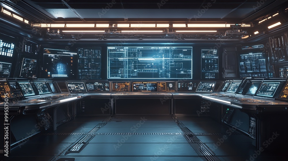 Poster a futuristic control room featuring advanced screens and consoles, designed for monitoring and data 