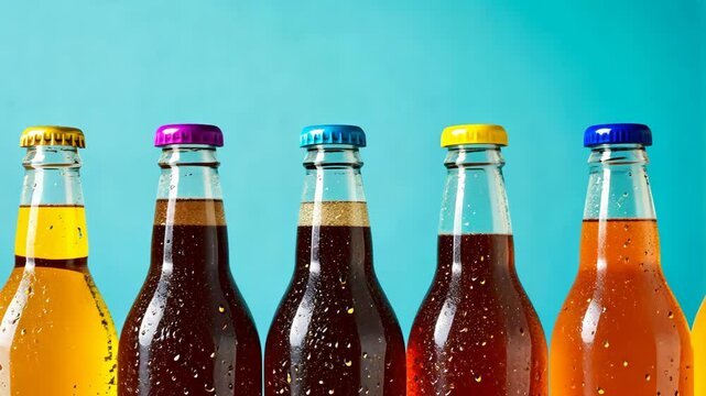 Colorful glass bottles standing in a row on blue background