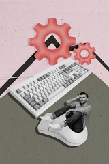 Vertical photo collage of sad businessman sit broke mouse desktop office equipment keyboard tool...