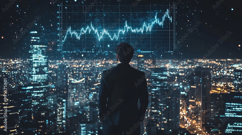 Poster a person standing confidently beside a financial graph that shows increasing profits symbolizing bus