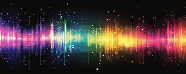 Vibrant graphic of colorful sound waves with glowing digital effects on a dark background, representing music and technology