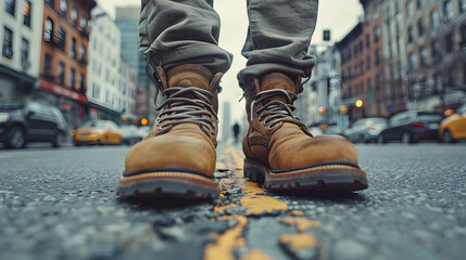 A man's feet in shoes walk along a busy street in a big city. Neural network AI generated art