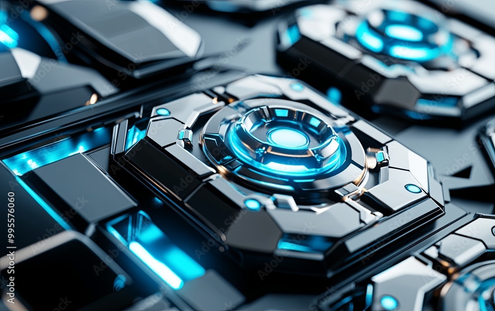 Poster a close-up view of futuristic, illuminated technology components with a sleek design, emphasizing a 