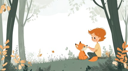 Naklejka premium A cartoon child playing with a baby fox, with ample space for copy in the woods.
