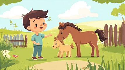 Naklejka premium A cartoon child playing with a baby horse, with ample room for copy in the farmyard.