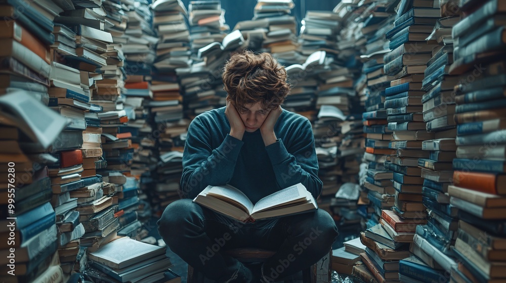Poster A business student surrounded by textbooks and a computer engaged in deep study symbolizing the pursuit of knowledge and self-improvement for future success Large space for text in center Stock Photo