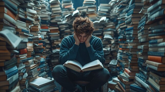 A business student surrounded by textbooks and a computer engaged in deep study symbolizing the pursuit of knowledge and self-improvement for future success Large space for text in center Stock Photo