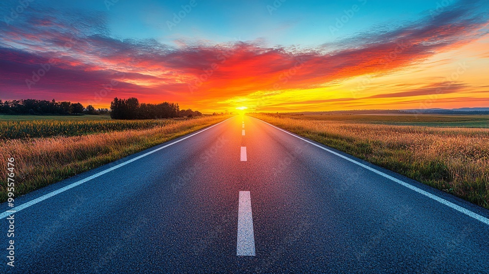 Poster A road extending into a colorful sunset symbolizing the journey toward personal goals and the endless possibilities of the future Large space for text in center Stock Photo with copy space