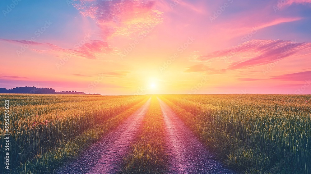 Aufkleber a road extending into a colorful sunset symbolizing the journey toward personal goals and the endles