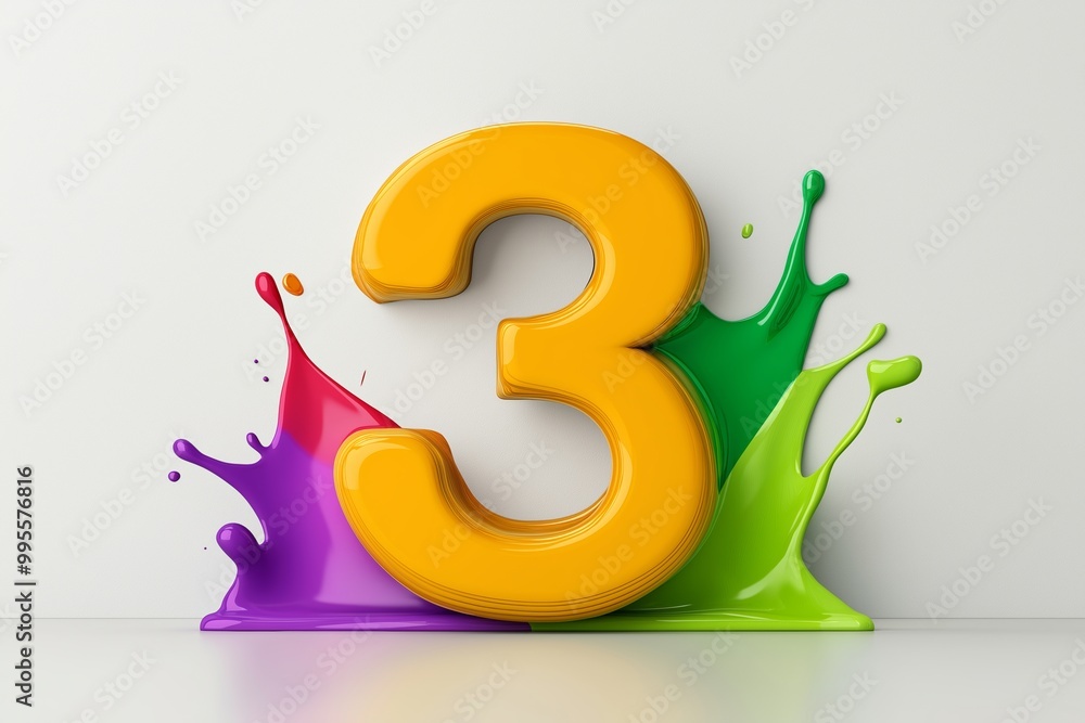 Poster the number 3 is written in yellow on a white background. the number is surrounded by colorful paint 