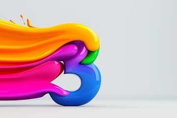 The number 3 is written in yellow on a white background. The number is surrounded by colorful paint splatters. number 3 composed of colored paint,dynamic splash, floating on pure white background