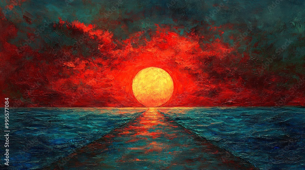 Poster A road extending into a colorful sunset symbolizing the journey toward personal goals and the endless possibilities of the future Large space for text in center Stock Photo with copy space