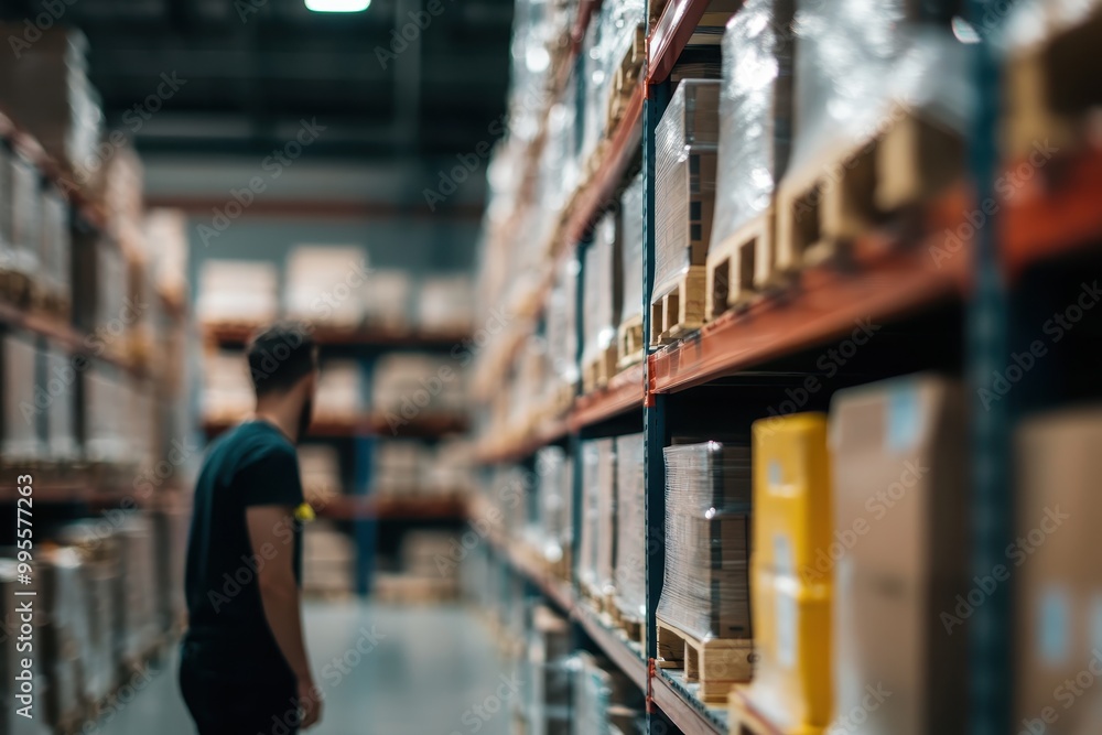 Poster a person navigating through a warehouse filled with stacked boxes on shelves.