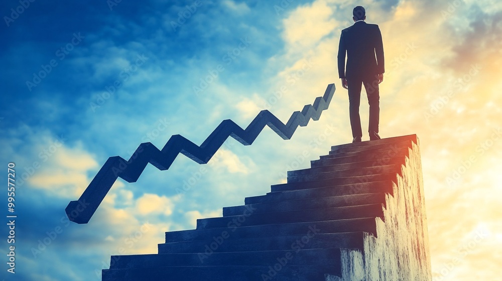 Poster an upward-trending financial graph with a person standing proudly beside it representing economic gr